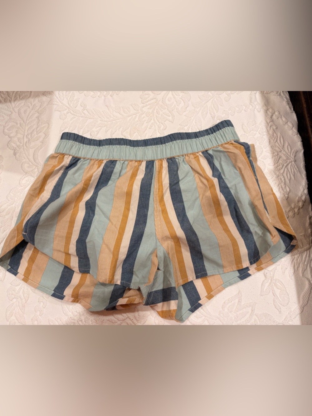 Kavu Striped Summer Lounge Shorts in Blue, Tan, and Light Blue